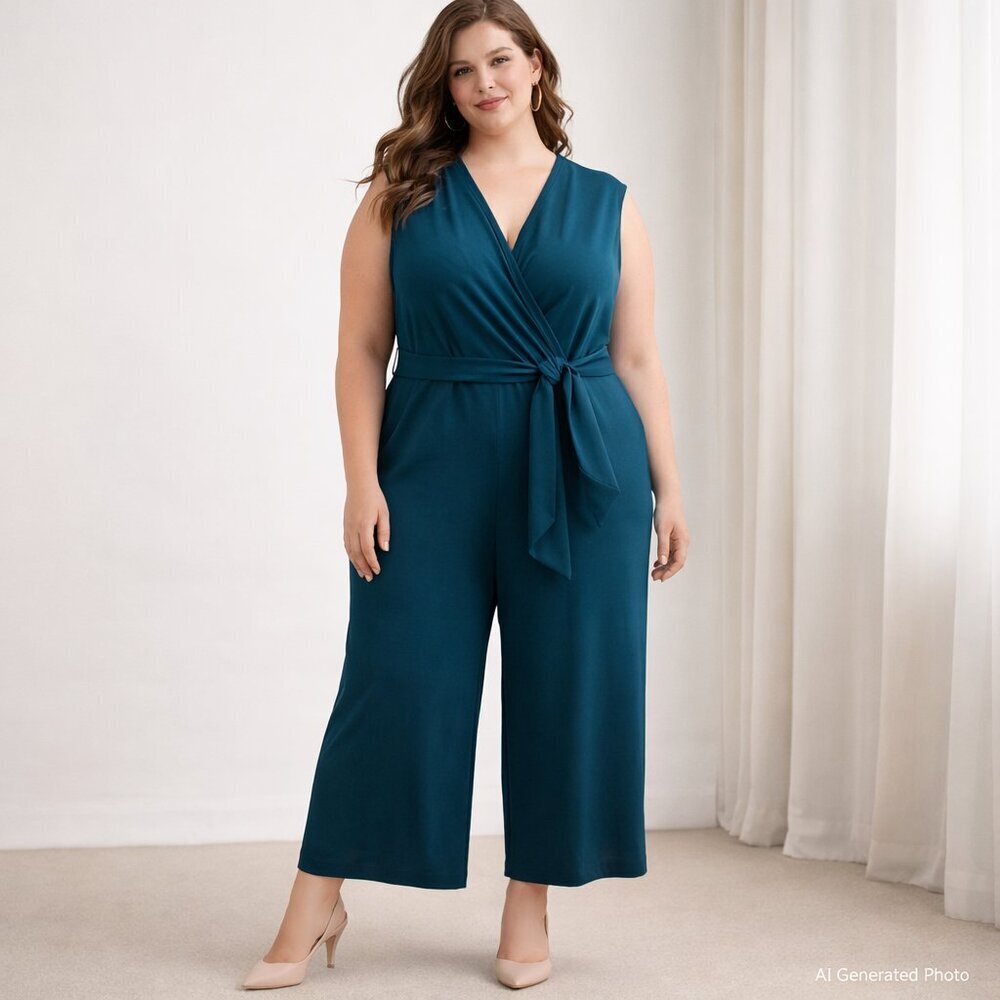 Maggy London Woman 18W Plus Size Teal Wide Leg Jumpsuit Sleeveless Wrap Office